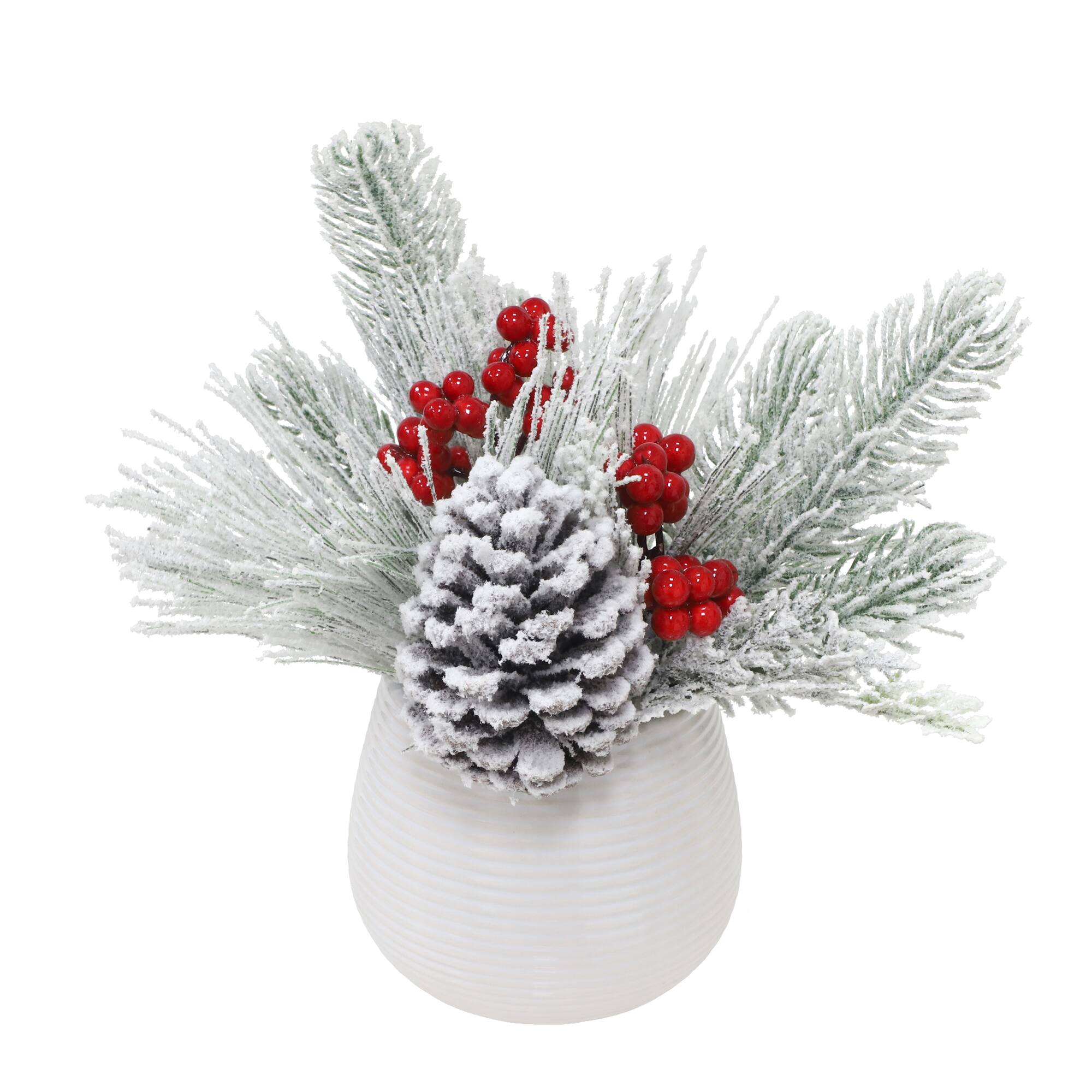 9" Snowy Pinecone & Red Berry Arrangement in White Ceramic Pot by Ashland®